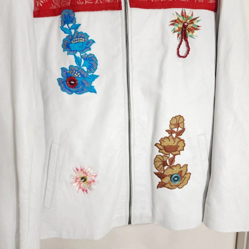 Sun Goddess Leather Jacket White Rhino Floral Applique South African Runway XL